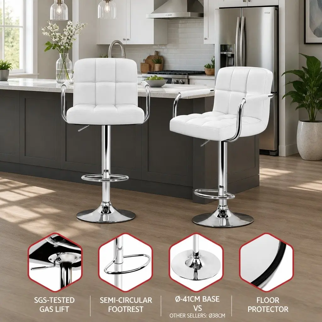 Set of 4 White Bar Stools with Adjustable Height