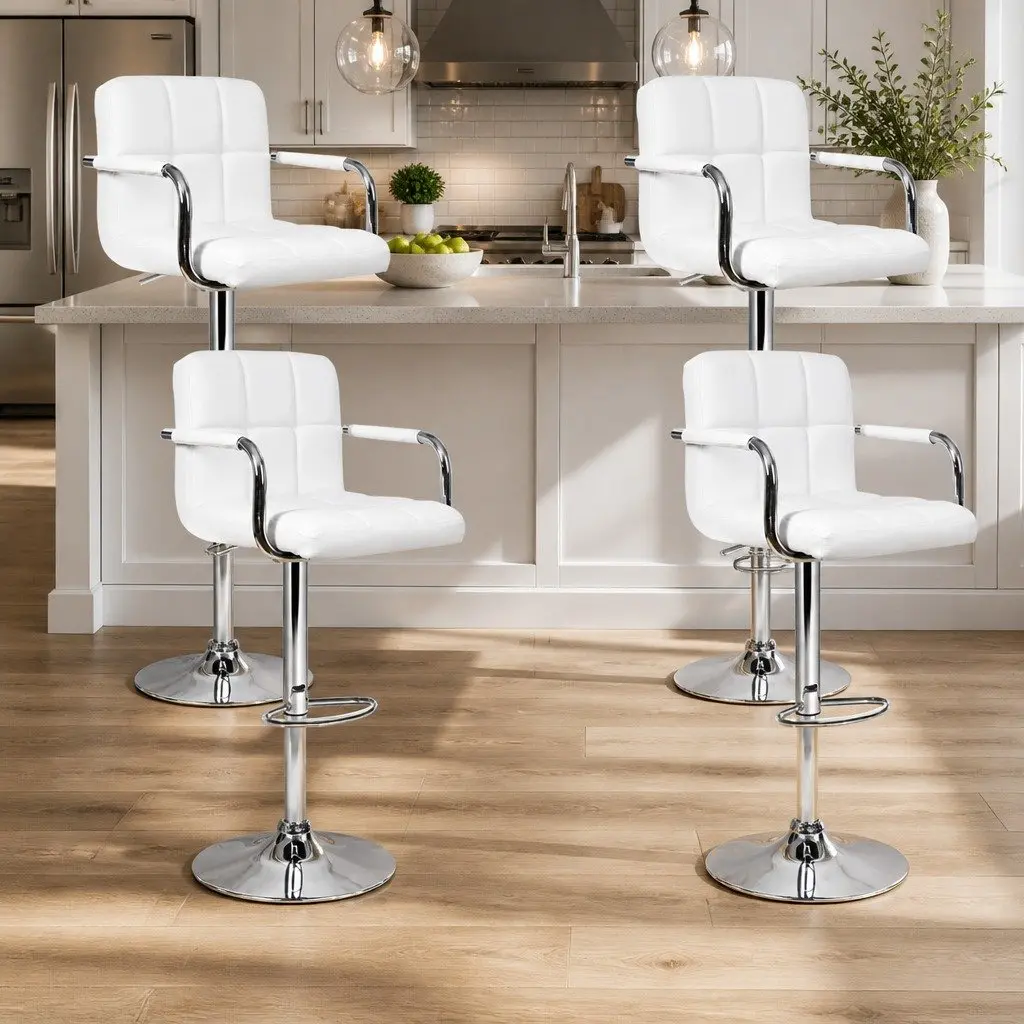 Set of 4 White Bar Stools with Adjustable Height