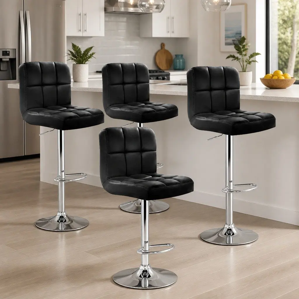 Bar Stools Black Swivel Adjustable Height PU Leather Steel Set of 4