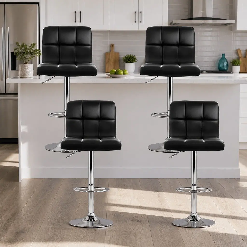 Bar Stools Black Swivel Adjustable Height PU Leather Steel Set of 4