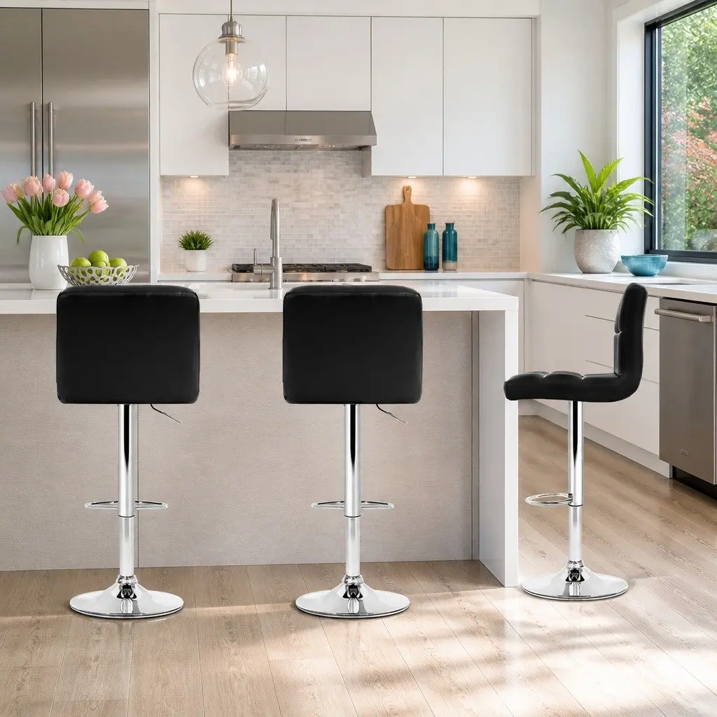 Bar Stools Black Swivel Adjustable Height PU Leather Steel Set of 4