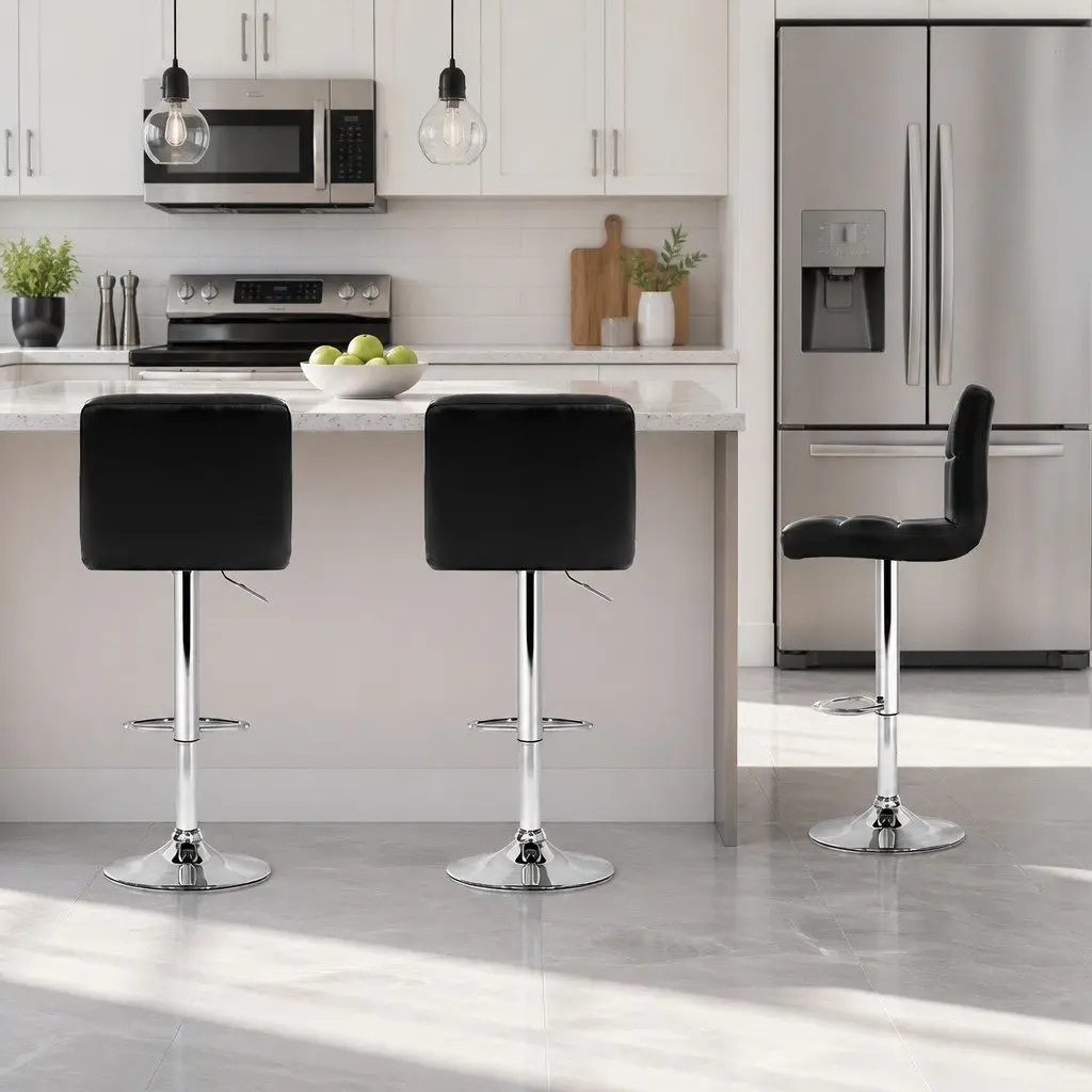 Bar Stools Black Swivel Adjustable Height PU Leather Steel Set of 4