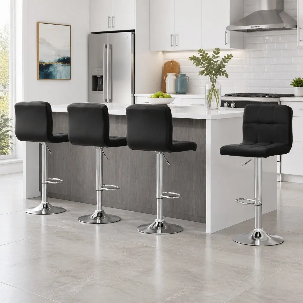 Bar Stools Black Swivel Adjustable Height PU Leather Steel Set of 4