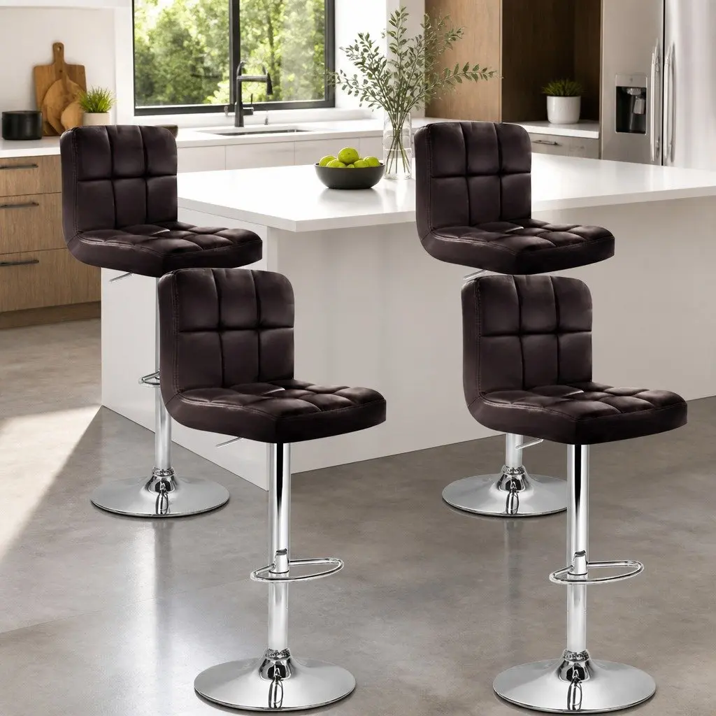 Set of 4 Adjustable Brown Bar Stools with Swivel Seat