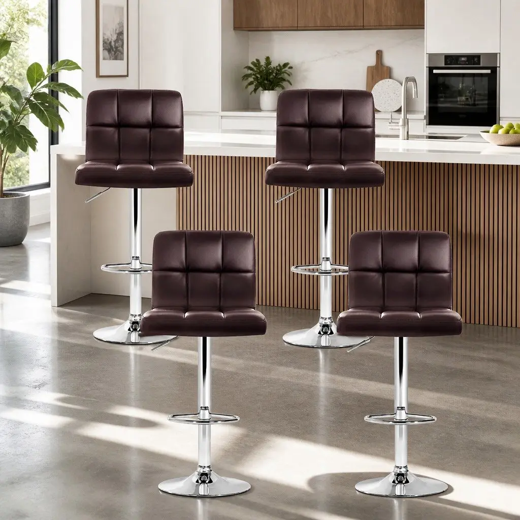 Set of 4 Adjustable Brown Bar Stools with Swivel Seat