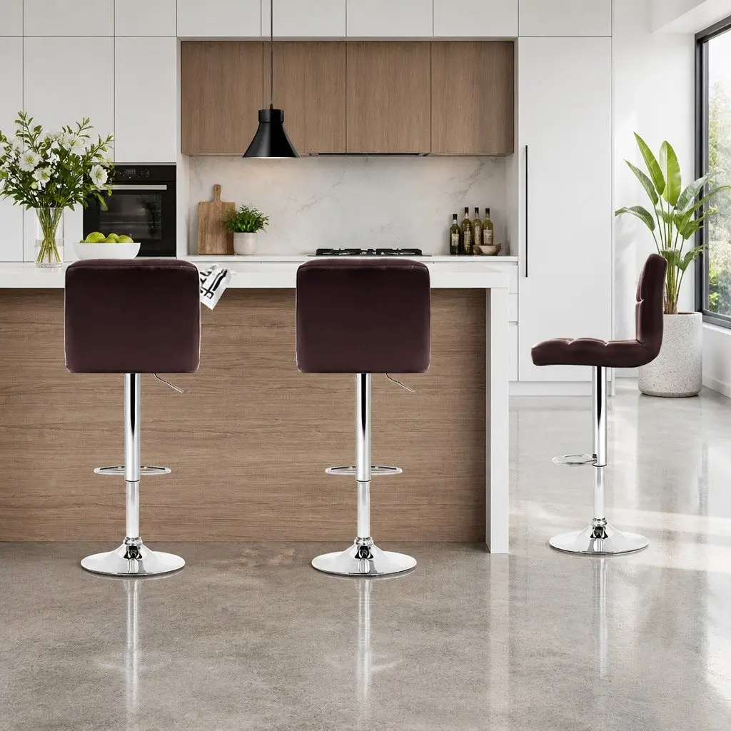Set of 4 Adjustable Brown Bar Stools with Swivel Seat
