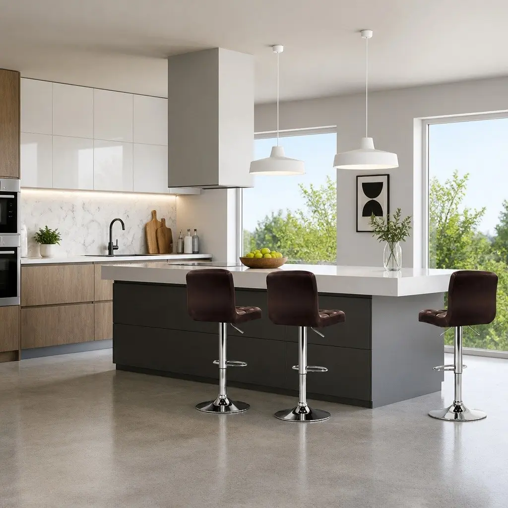Set of 4 Adjustable Brown Bar Stools with Swivel Seat