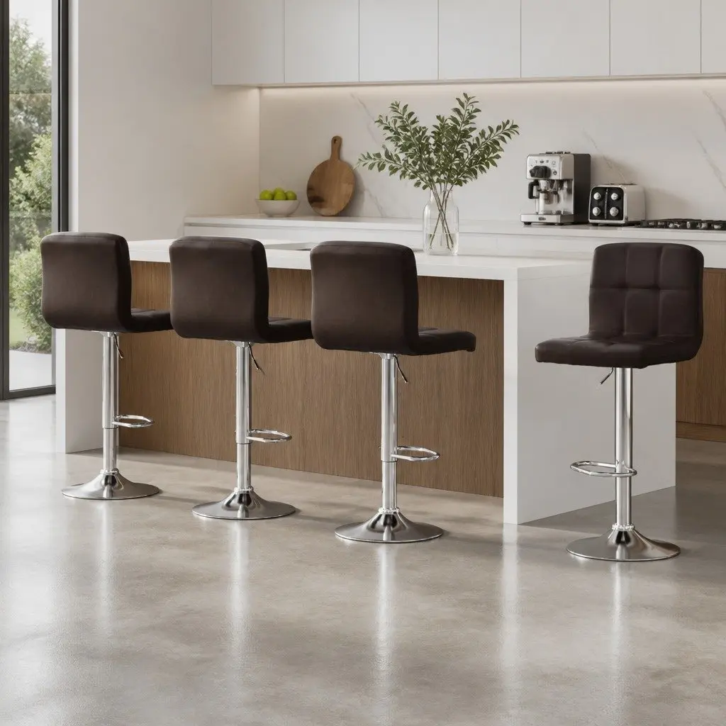 Set of 4 Adjustable Brown Bar Stools with Swivel Seat