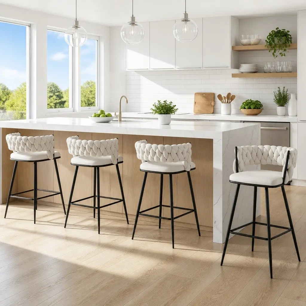 Bar Stools Set of 4 Kitchen Counter Dining Chair Velvet Cushioned Back Support