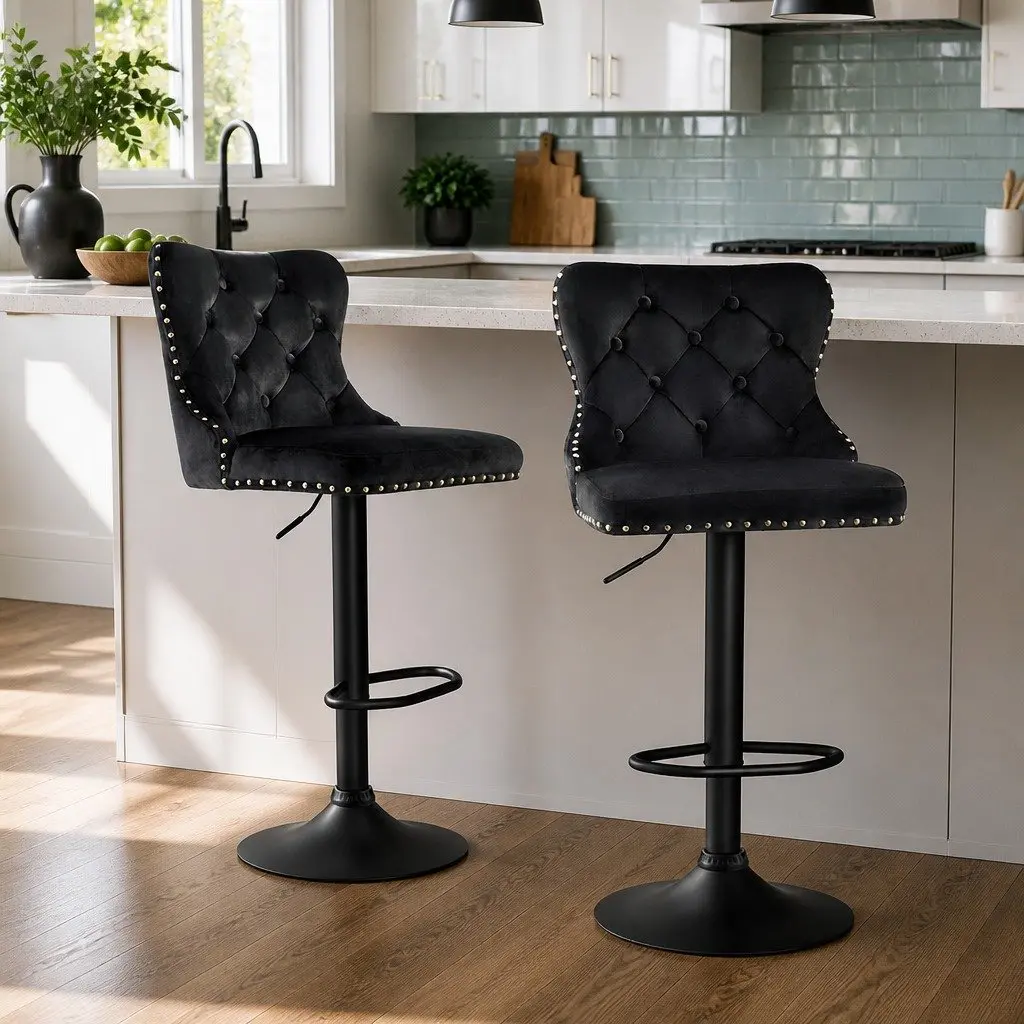 Bar Stool Adjustable Height Velvet Padded Black Set of 2 Metal