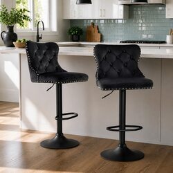 Bar Stool Set of 2 Adjustable Height Velvet Padded Kitchen Counter Nailhead