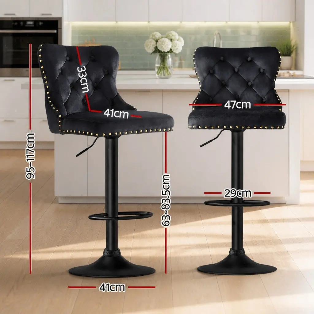 Bar Stool Adjustable Height Velvet Padded Black Set of 2 Metal