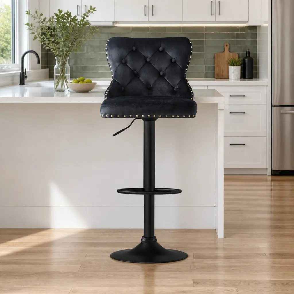 Bar Stool Adjustable Height Velvet Padded Black Set of 2 Metal