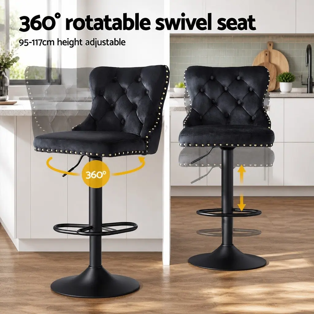 Bar Stool Adjustable Height Velvet Padded Black Set of 2 Metal