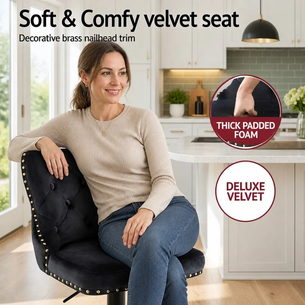 Bar Stool Adjustable Height Velvet Padded Black Set of 2 Metal