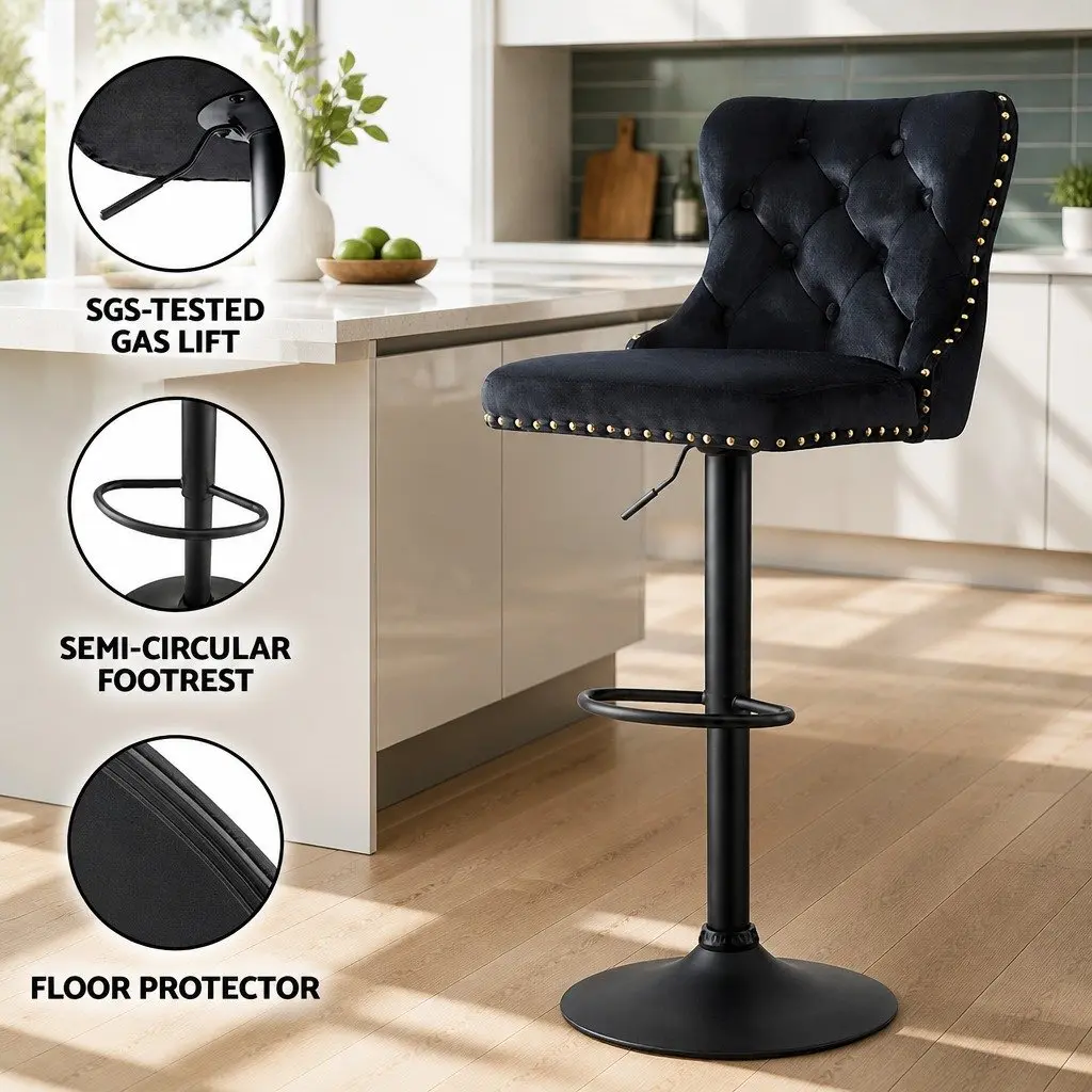 Bar Stool Adjustable Height Velvet Padded Black Set of 2 Metal