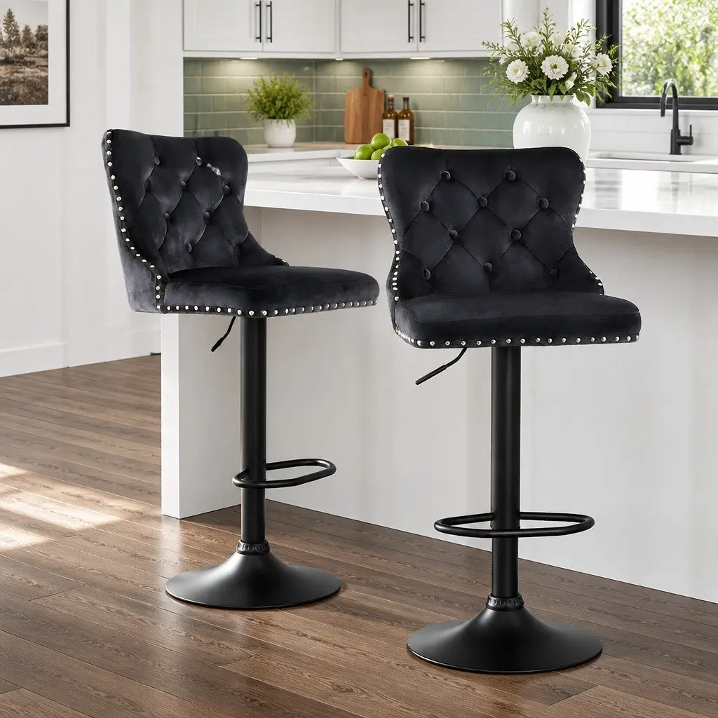 Bar Stool Adjustable Height Velvet Padded Black Set of 2 Metal