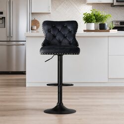 Bar Stools Set of 4 Adjustable Height Velvet Nailhead Trim Kitchen Counter Black