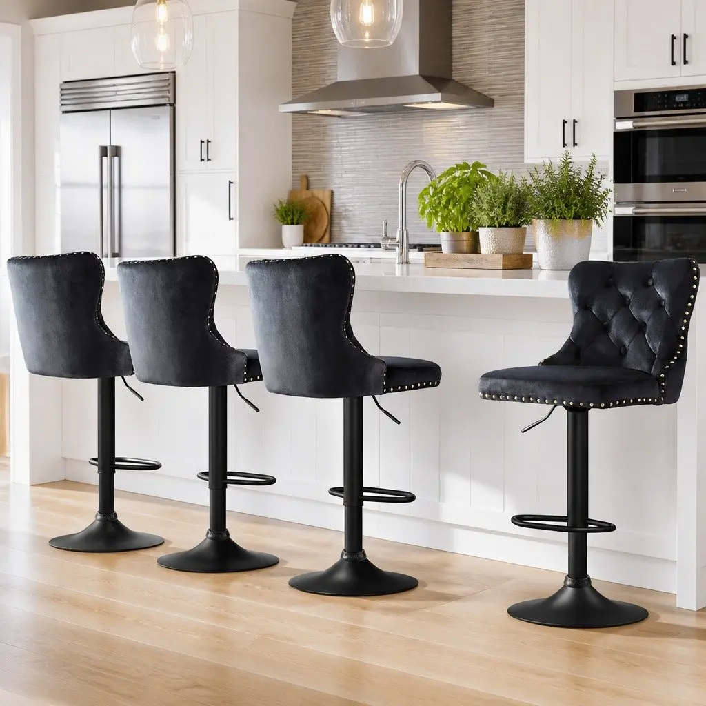 Bar Stools Adjustable Height Industrial Style Velvet Black Set of 4 Metal Frame