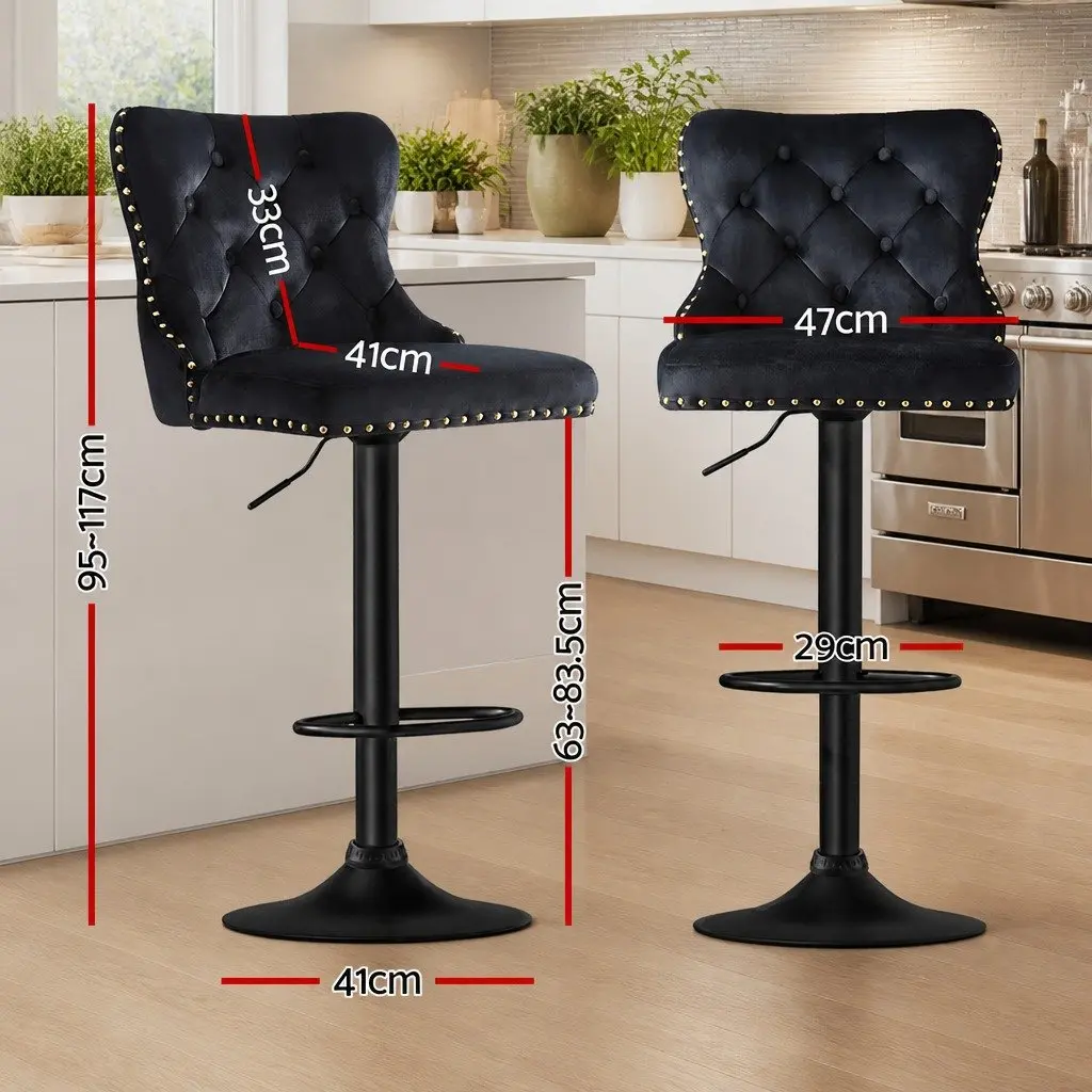 Bar Stools Adjustable Height Industrial Style Velvet Black Set of 4 Metal Frame