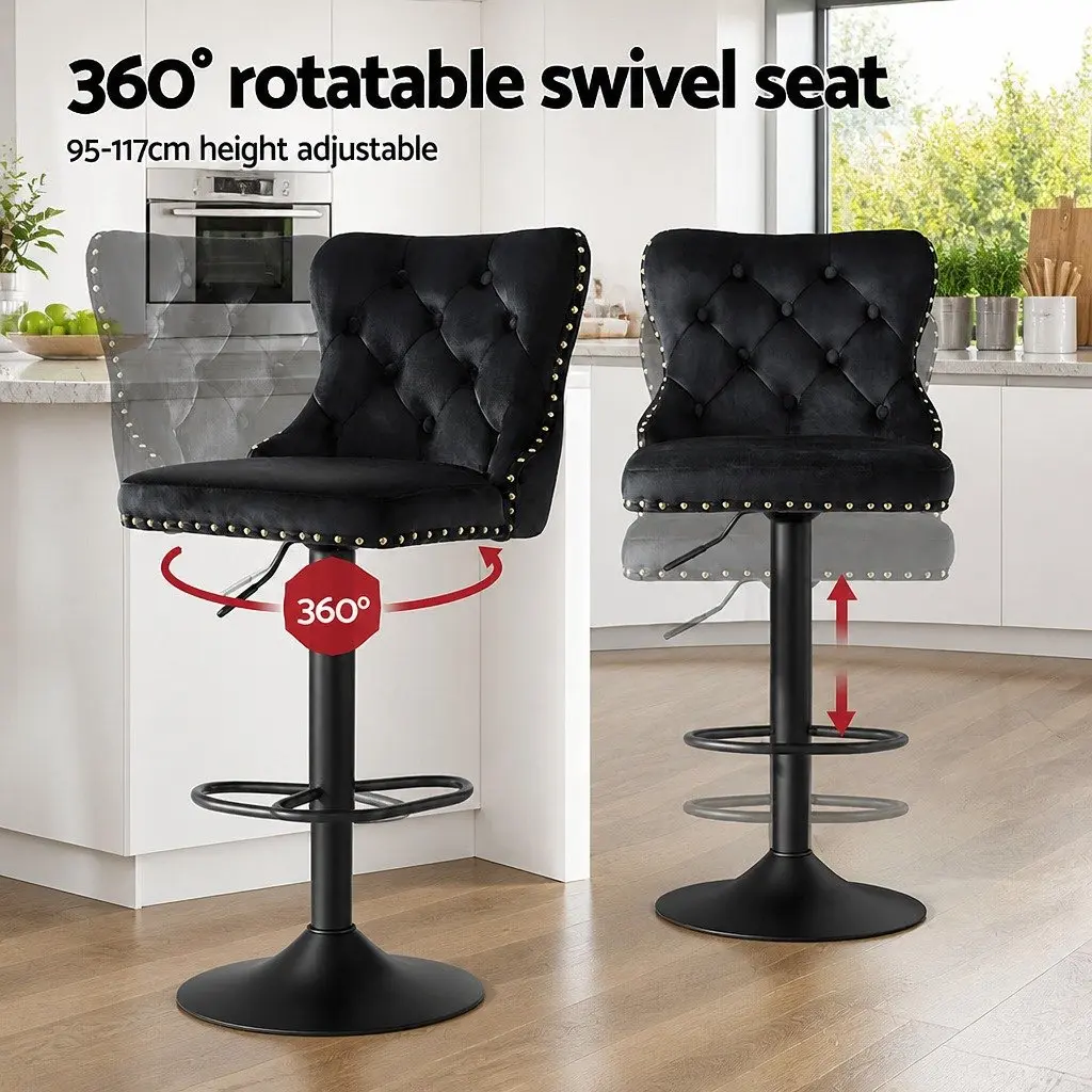 Bar Stools Adjustable Height Industrial Style Velvet Black Set of 4 Metal Frame
