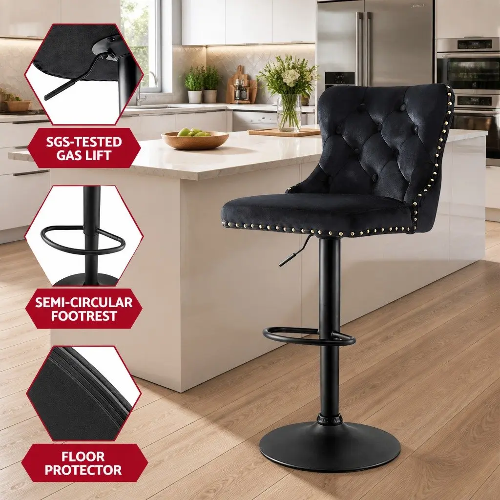 Bar Stools Adjustable Height Industrial Style Velvet Black Set of 4 Metal Frame