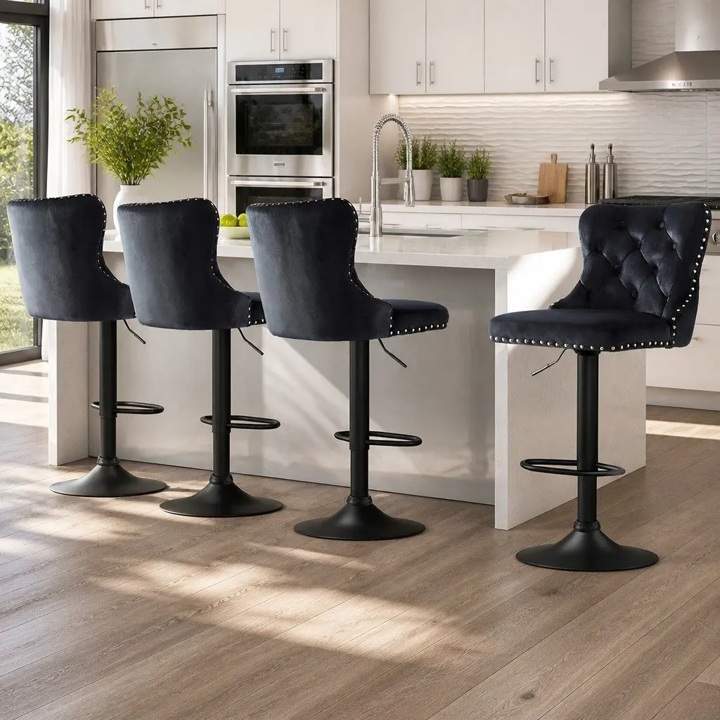 Bar Stools Adjustable Height Industrial Style Velvet Black Set of 4 Metal Frame
