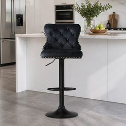 Velvet Bar Stool Adjustable Height Nailhead Trim Kitchen Counter Stool Black