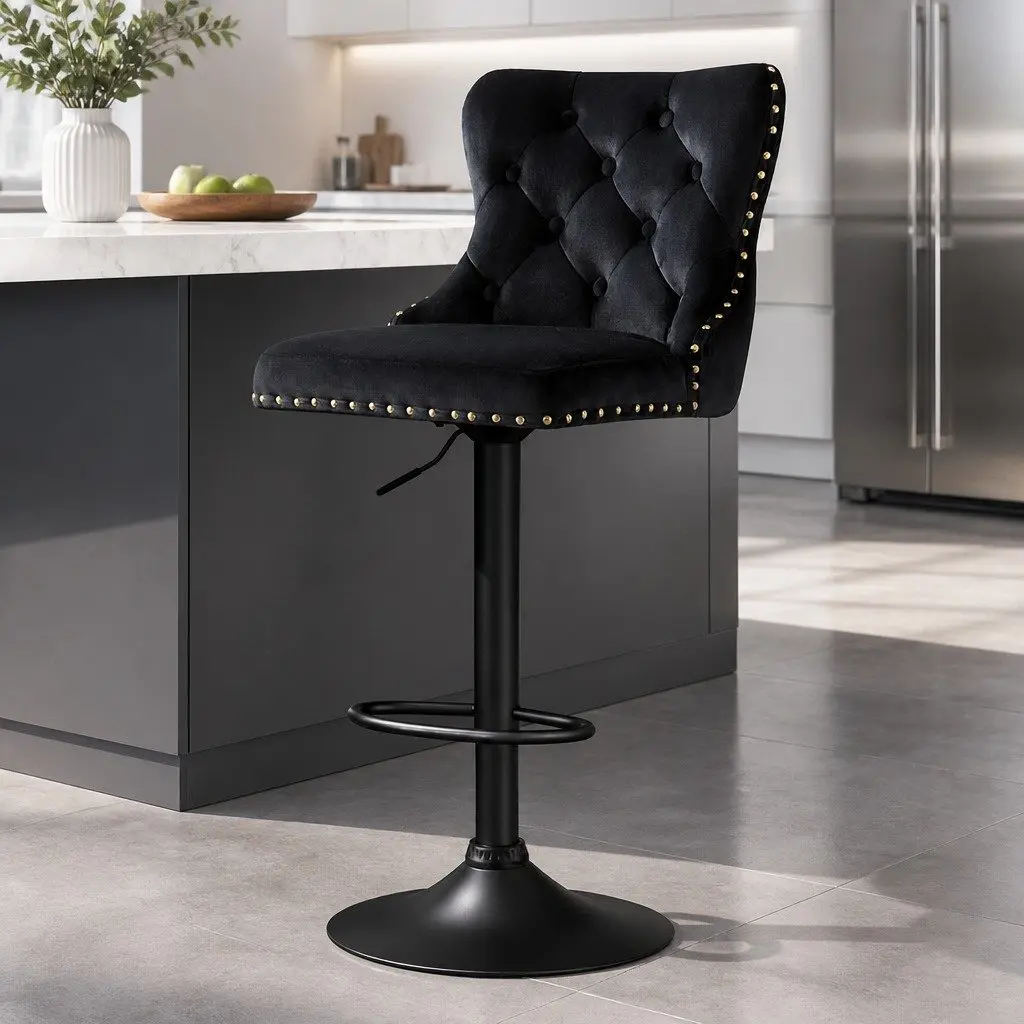 Velvet Bar Stool Adjustable Height Nailhead Trim Kitchen Counter Stool Black