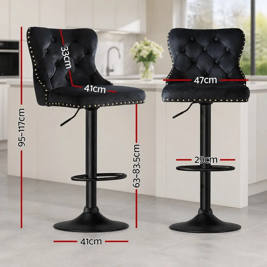 Velvet Bar Stool Adjustable Height Nailhead Trim Kitchen Counter Stool Black