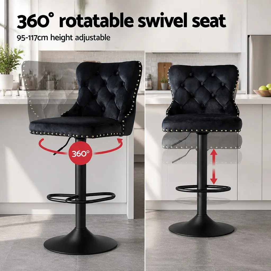 Velvet Bar Stool Adjustable Height Nailhead Trim Kitchen Counter Stool Black