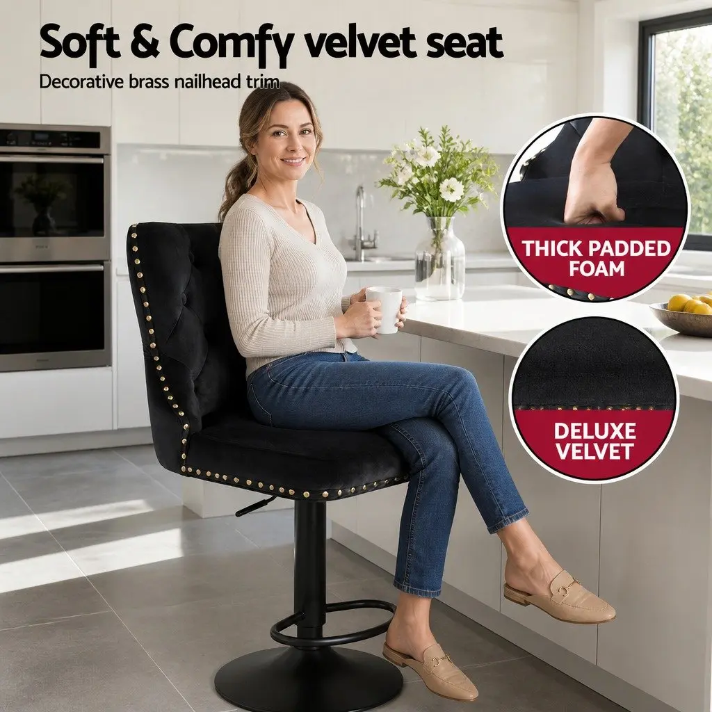 Velvet Bar Stool Adjustable Height Nailhead Trim Kitchen Counter Stool Black