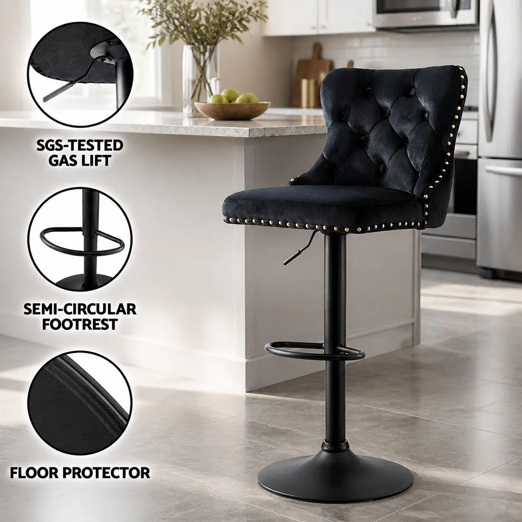 Velvet Bar Stool Adjustable Height Nailhead Trim Kitchen Counter Stool Black