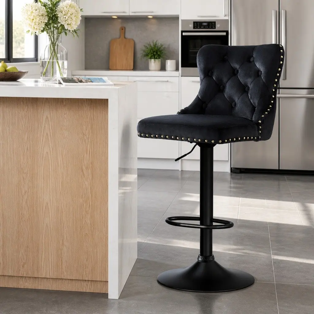 Velvet Bar Stool Adjustable Height Nailhead Trim Kitchen Counter Stool Black