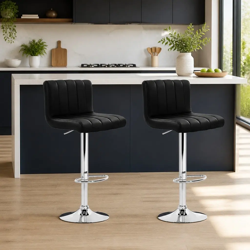 Set of 2 High Back Black Faux Leather Bar Stools