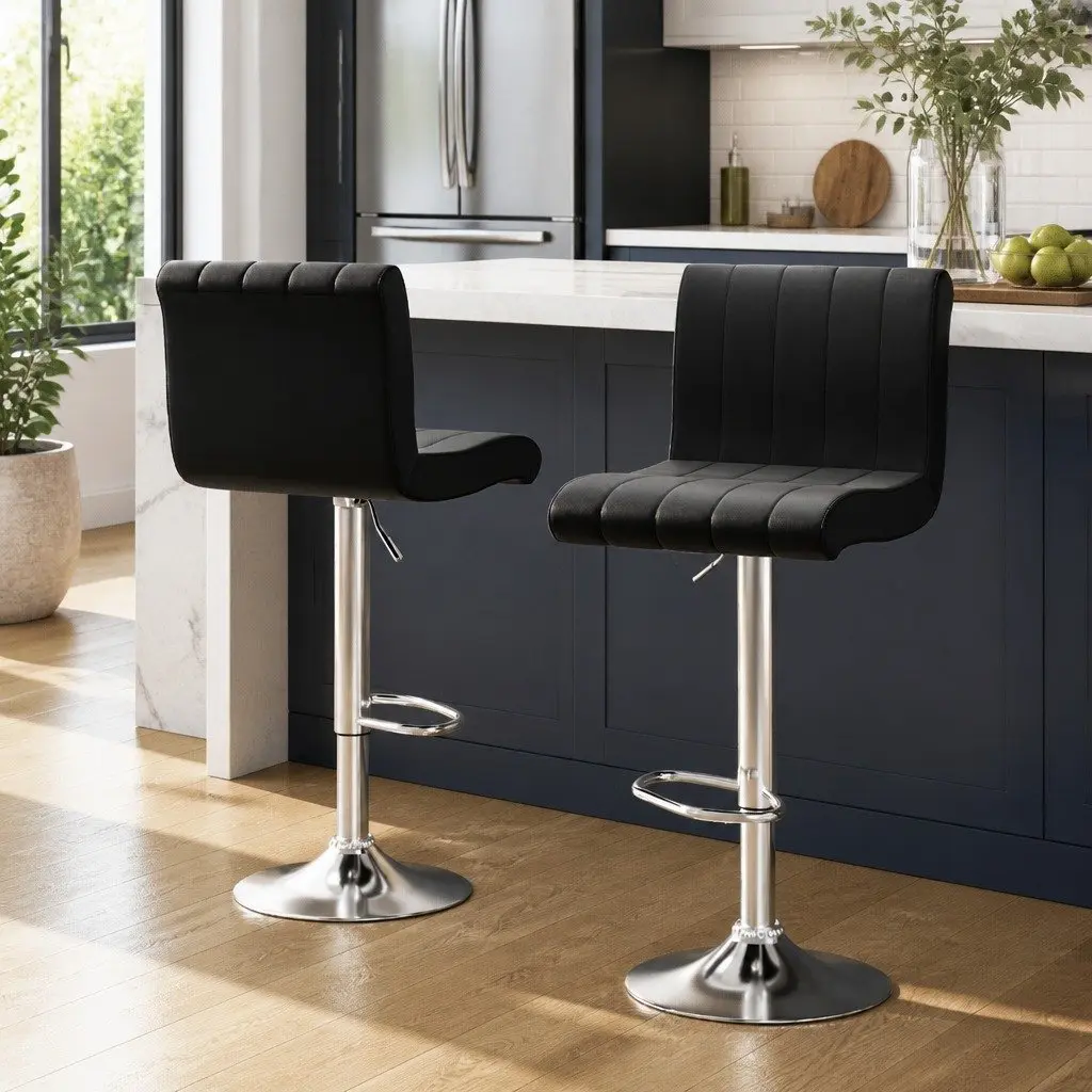 Set of 2 High Back Black Faux Leather Bar Stools