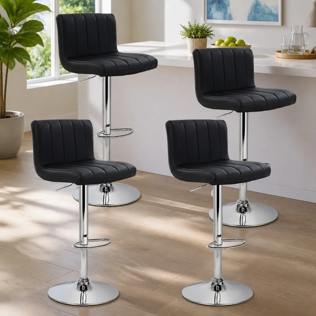 Bar Stools Set of 4 Gas Lift Swivel Seat Black PU Leather High Backrest Chrome