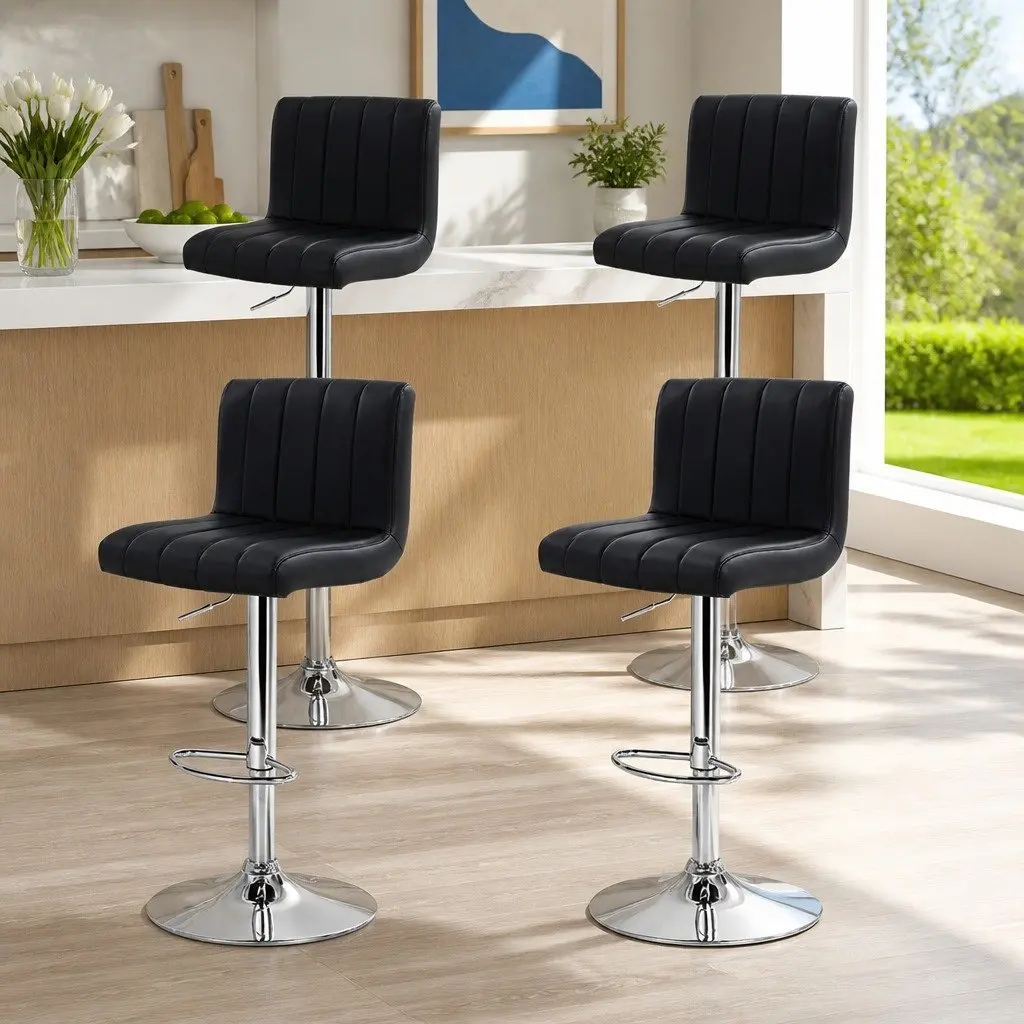 Bar Stools Set of 4 Gas Lift Swivel Seat Black PU Leather High Backrest Chrome