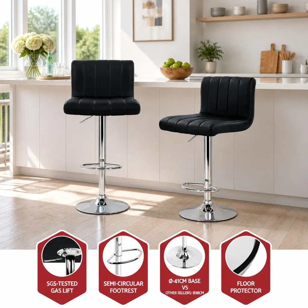 Bar Stools Set of 4 Gas Lift Swivel Seat Black PU Leather High Backrest Chrome