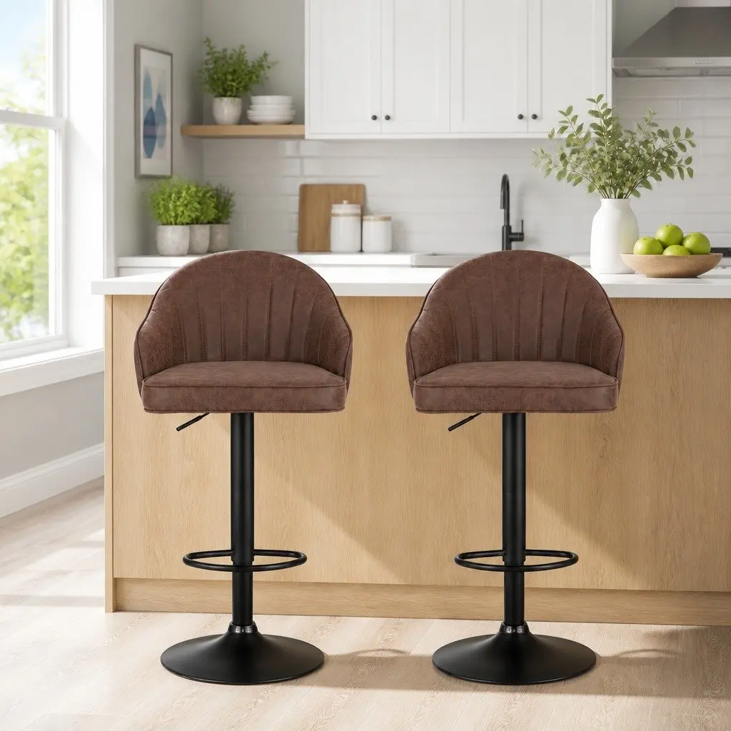 Set of 2 Adjustable Height Bar Stools in Brown