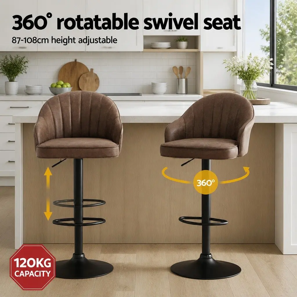 Set of 2 Adjustable Height Bar Stools in Brown