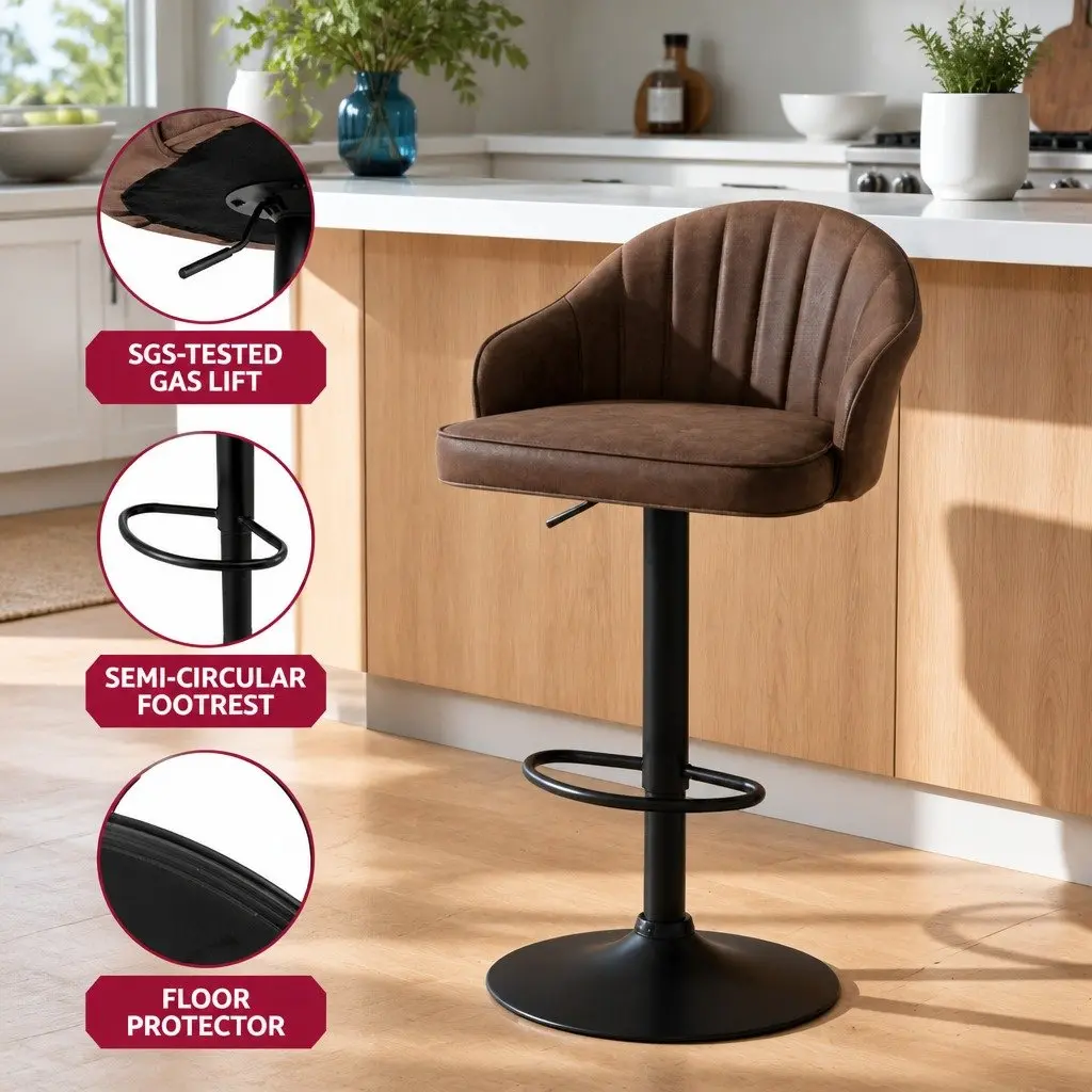 Set of 2 Adjustable Height Bar Stools in Brown