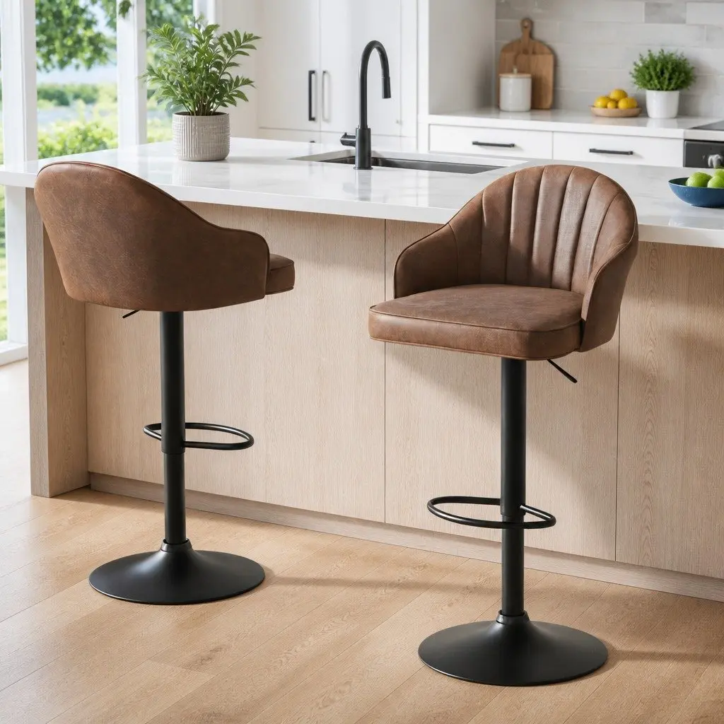 Set of 2 Adjustable Height Bar Stools in Brown