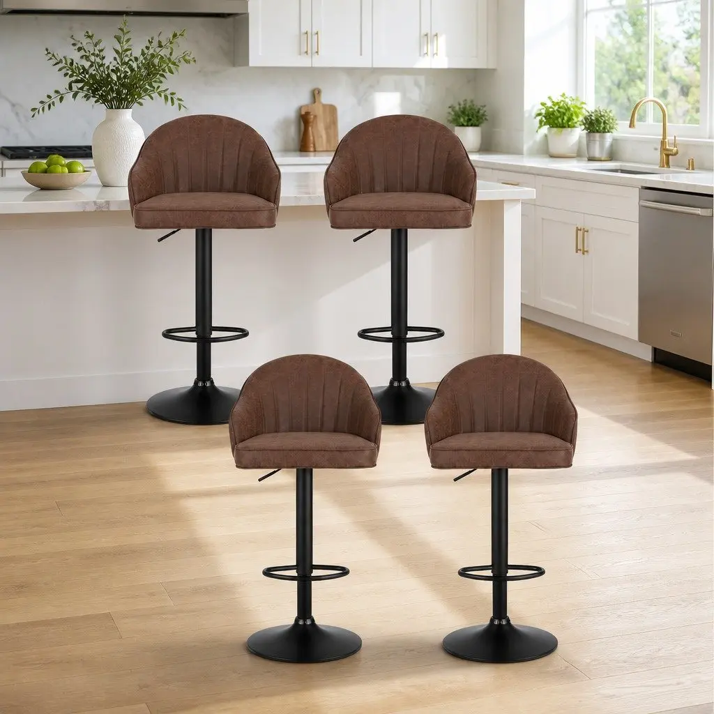 Bar Stools Swivel Adjustable Height Brown PU Leather Metal Frame 4 Piece