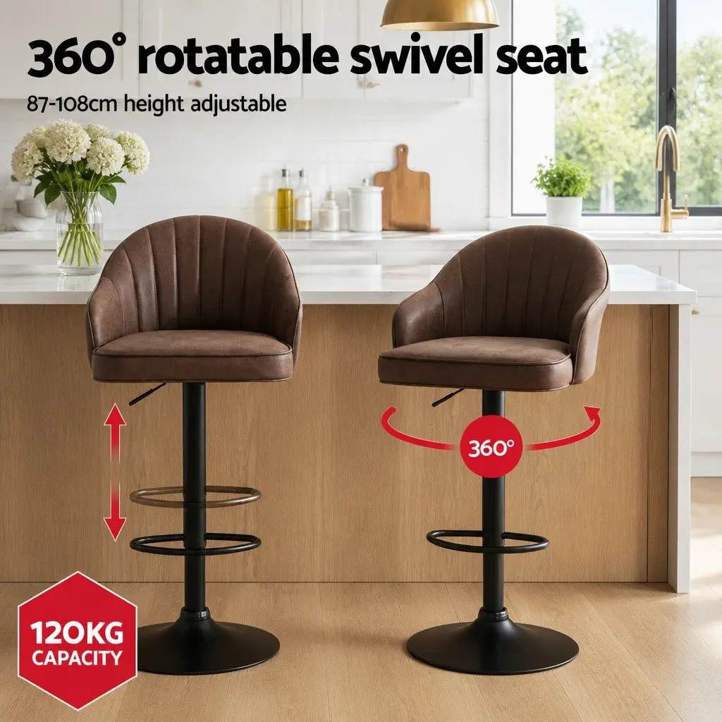 Bar Stools Swivel Adjustable Height Brown PU Leather Metal Frame 4 Piece