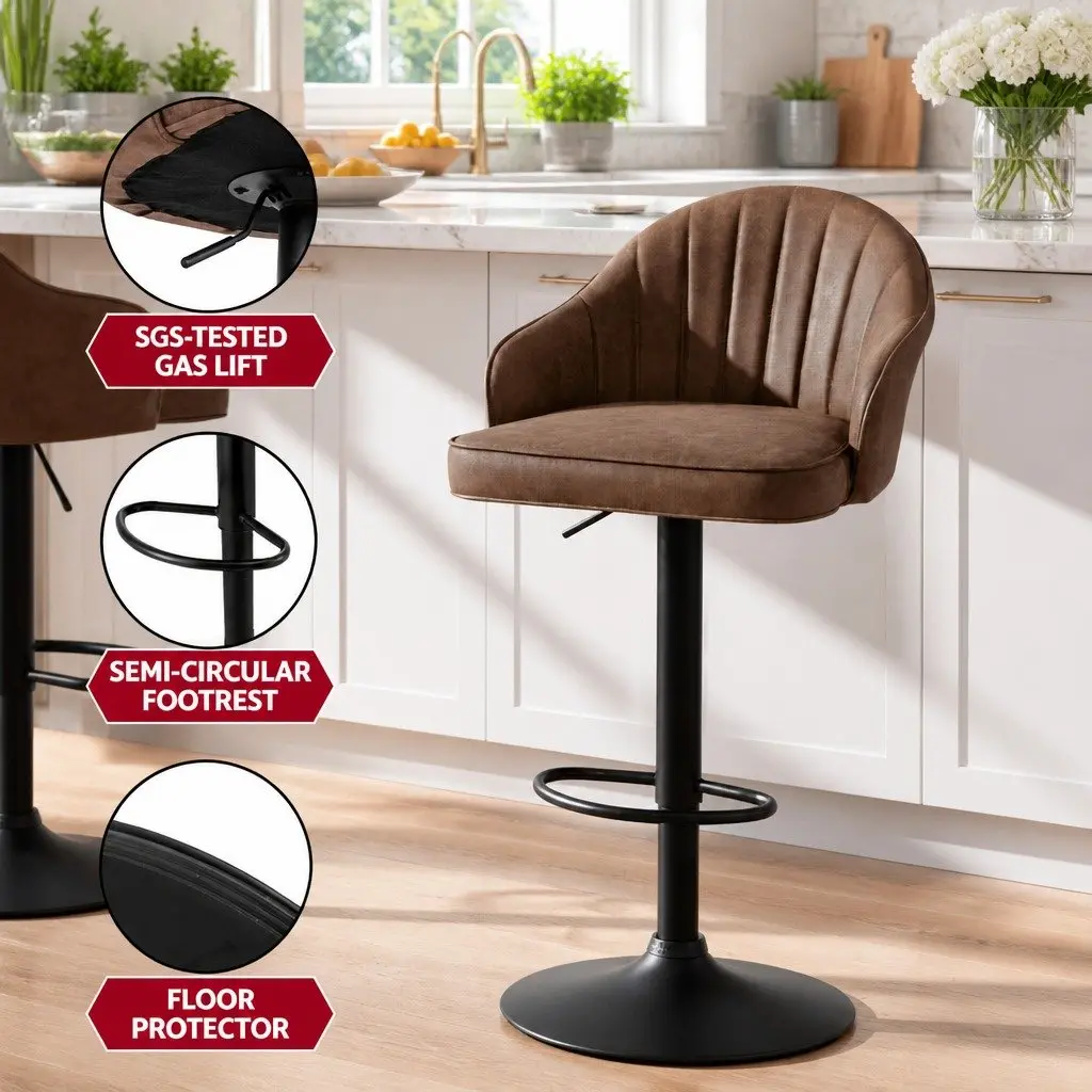 Bar Stools Swivel Adjustable Height Brown PU Leather Metal Frame 4 Piece