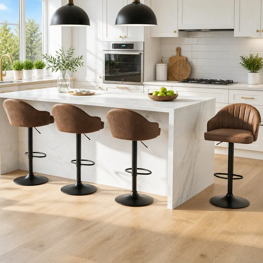 Bar Stools Swivel Adjustable Height Brown PU Leather Metal Frame 4 Piece