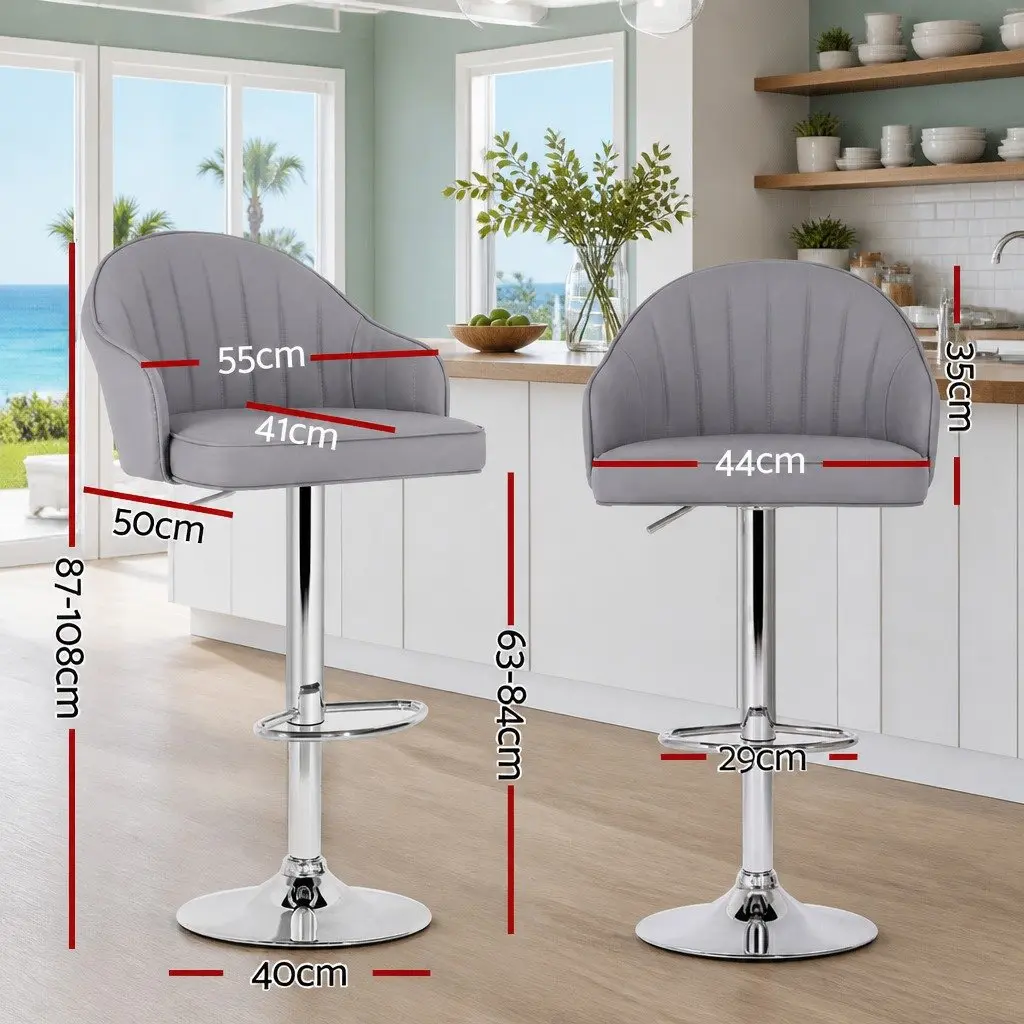 Bar Stools Swivel Adjustable Height Shell Grey PU Leather Metal Frame Set of 2