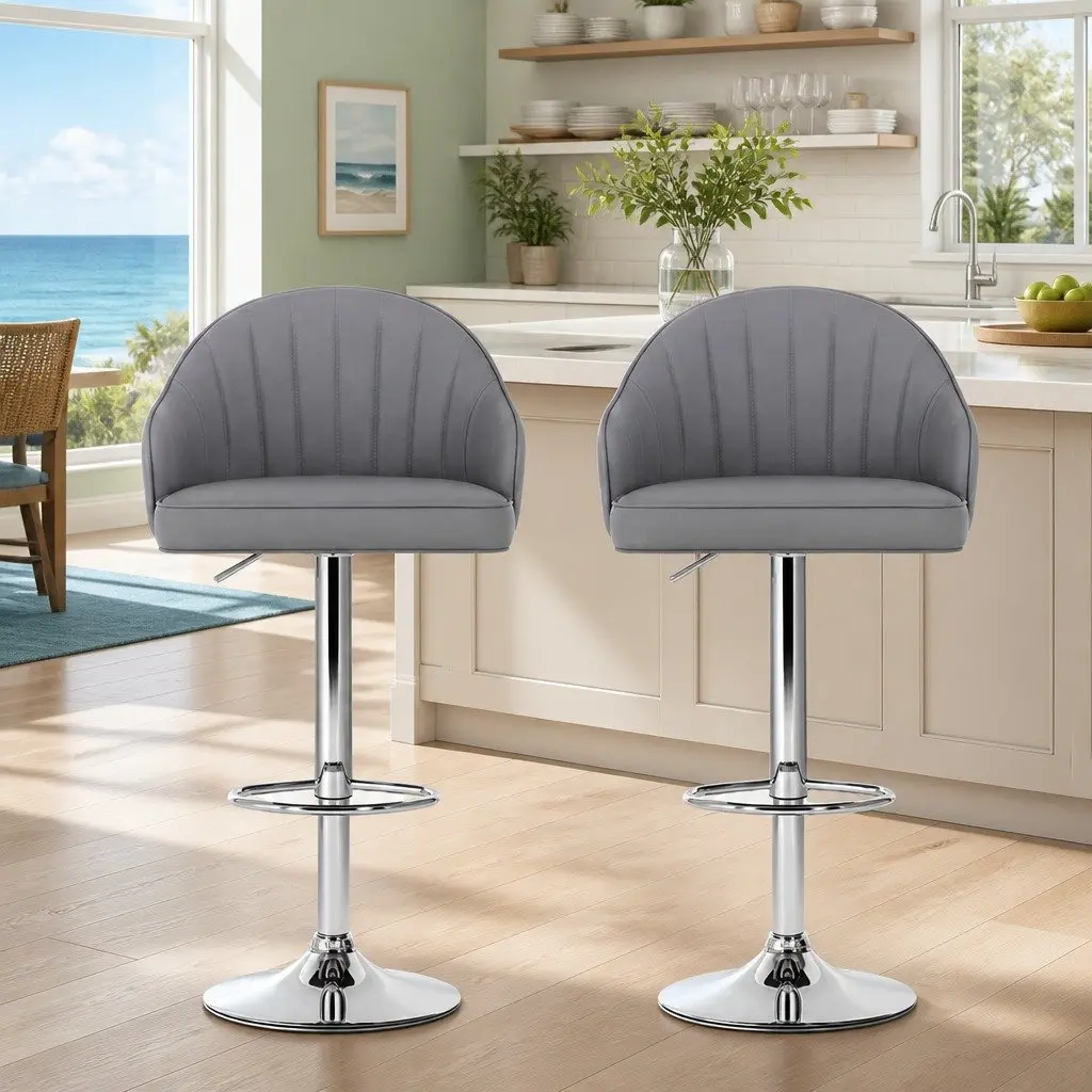 Bar Stools Swivel Adjustable Height Shell Grey PU Leather Metal Frame Set of 2