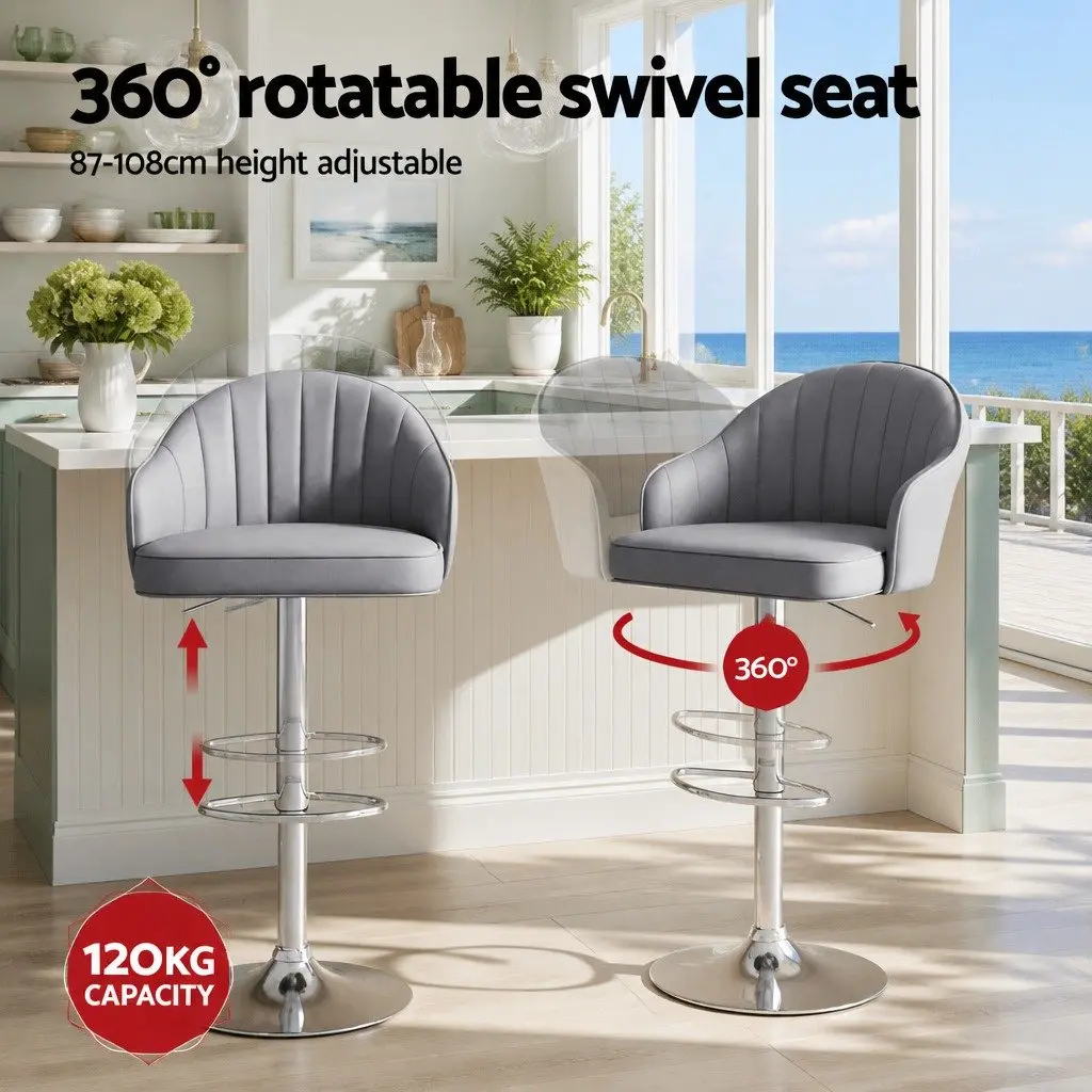 Bar Stools Swivel Adjustable Height Shell Grey PU Leather Metal Frame Set of 2